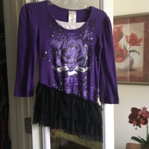 Gymnastics Dance Workout Top by KnitWorks Girl Lg Lined Purple Design Black Lace